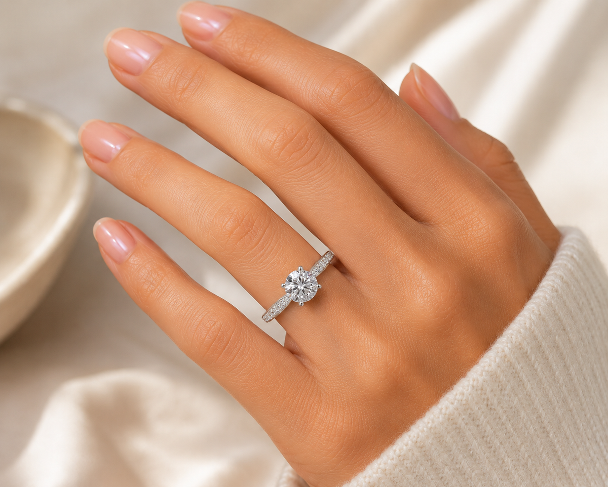 "ENGR03356" 0.90 Carat Round Brilliant Diamond Classic Cathedral Style Engagement Ring in 18K White Gold