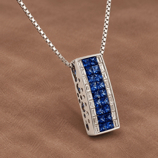18K White Gold ~ 1.95 Total Carat Sapphire and Diamond Bar Pendant Necklac2
