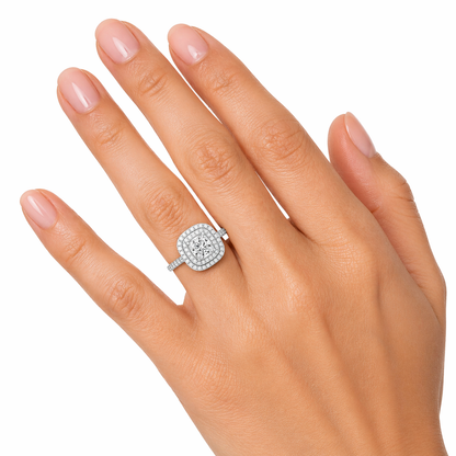"ENGR03388" Cushion Shaped Diamond Double Halo Engagement Ring in White Gold