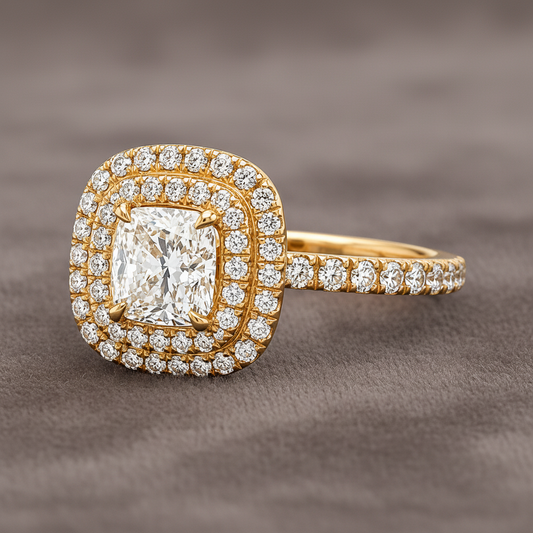 "ENGR03389" Diamond Double HaloHand Set Pave Engagement Ring in Yellow Gold