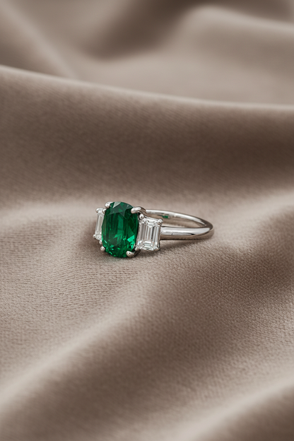 Natural Cushion & Emerald Cut Diamond Three Stone Ring RINGS1123