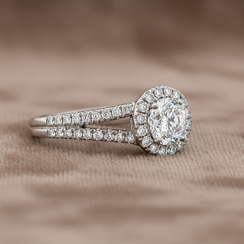 "ENGR02519" 1.60 Carat Round Diamond Split Shank With Halo Engagement Ring