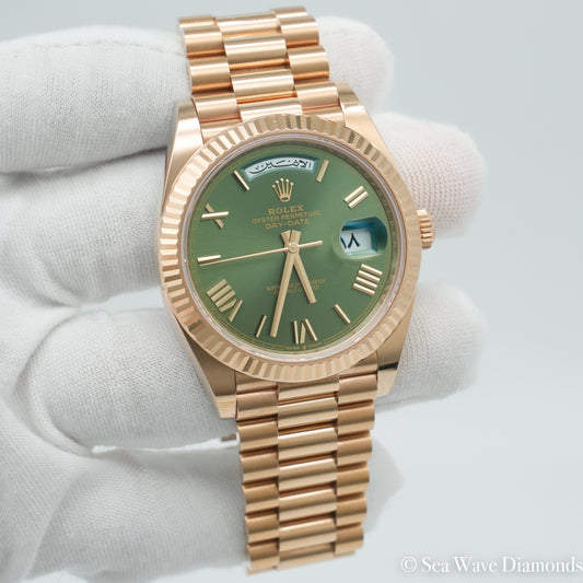 Rolex Day-Date 228235 40mm Green Arabic Calendar Very Rare Dial Rose Gold