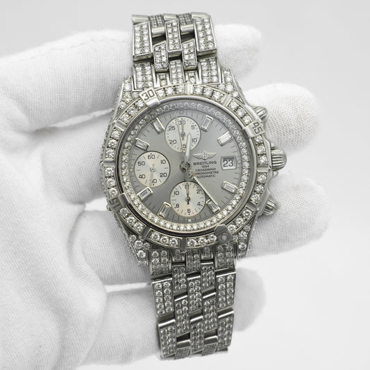 Breitling Crosswind Automatic Stainless Steel Silver Dial A13355 Iced Out 43mm
