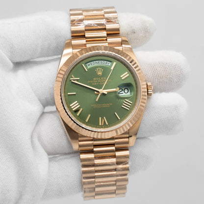 Rolex Day-Date 40 228235 President 18K Everose Gold Fluted Olive Green Dial