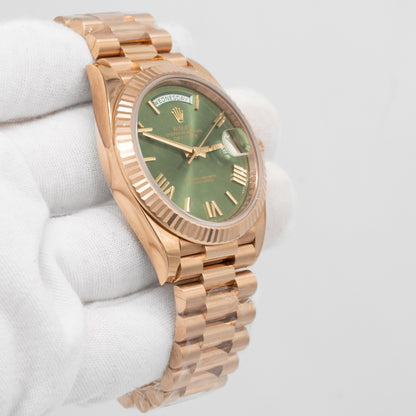 Rolex Day-Date 40 228235 President 18K Everose Gold Fluted Olive Green Dial