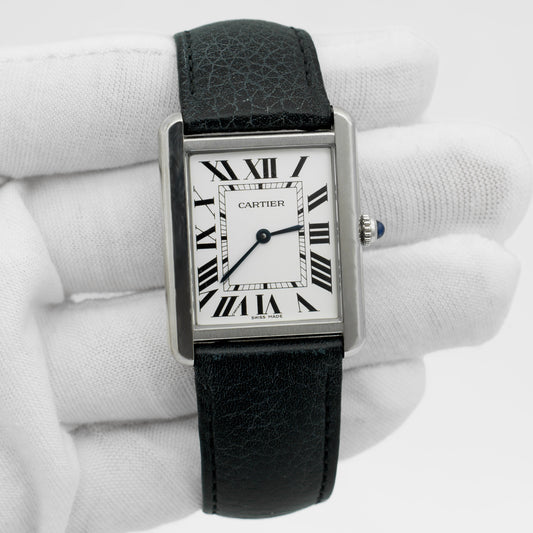 Cartier Tank Solo Steel Auto Rectangle Silver Dial Black Strap Watch WSTA0028