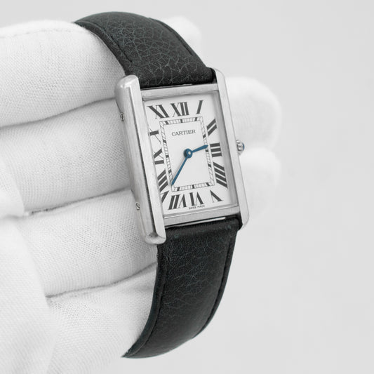 Cartier Tank Solo Steel Auto Rectangle Silver Dial Black Strap Watch WSTA0028