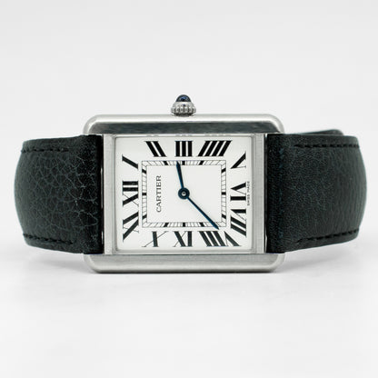 Cartier Tank Solo Steel Auto Rectangle Silver Dial Black Strap Watch WSTA0028
