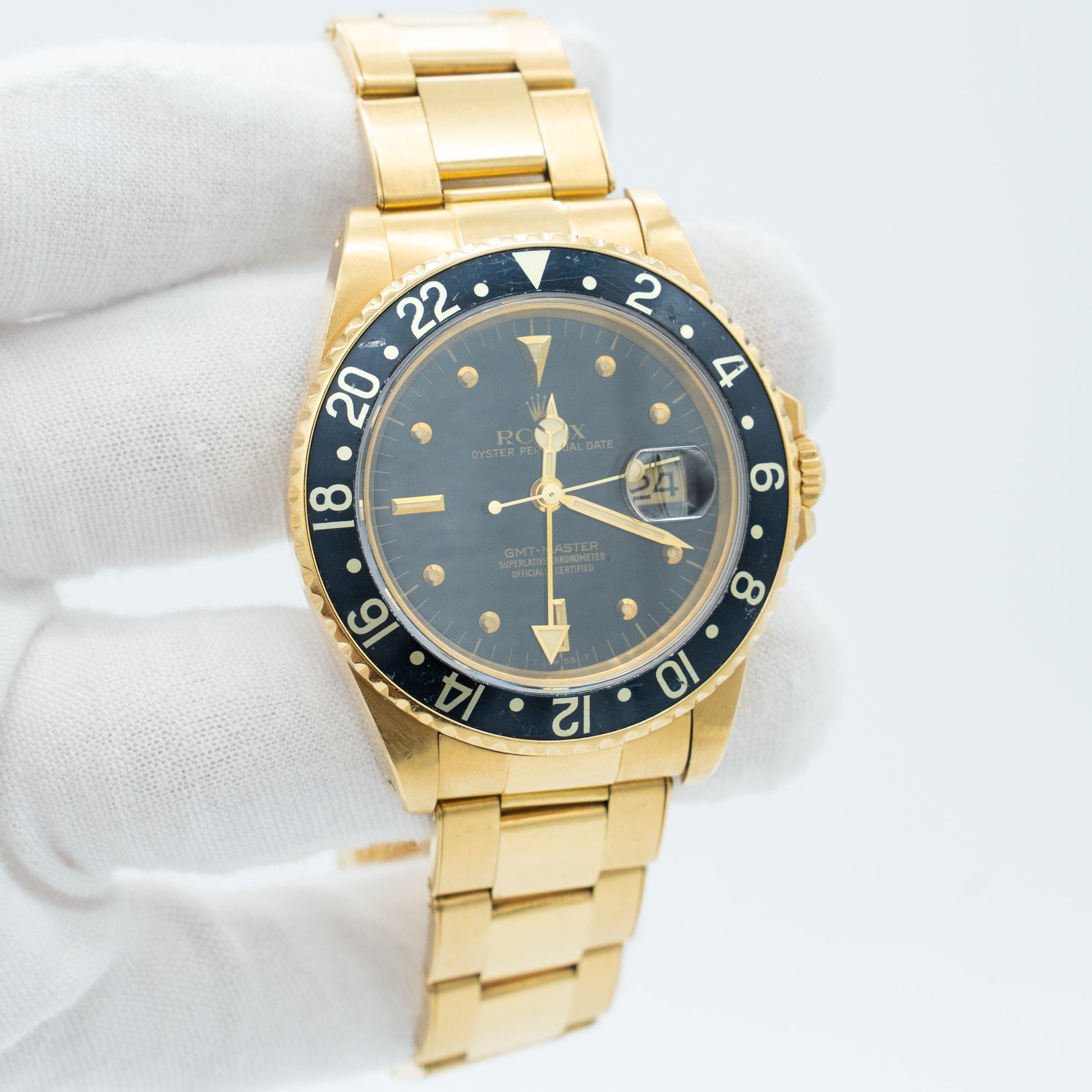 Rolex GMT-Master 16758 18k Yellow Gold Black Nipple Dial 40mm
