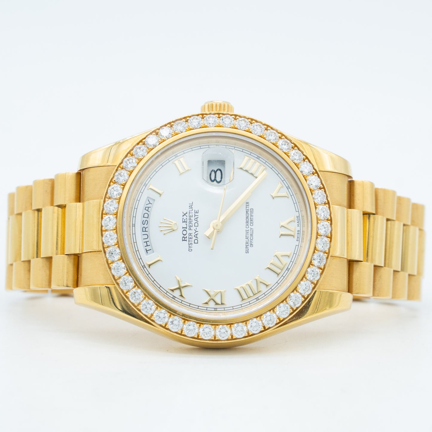 Rolex Day-Date II White Roman Dial Factory Diamond 41mm 218348