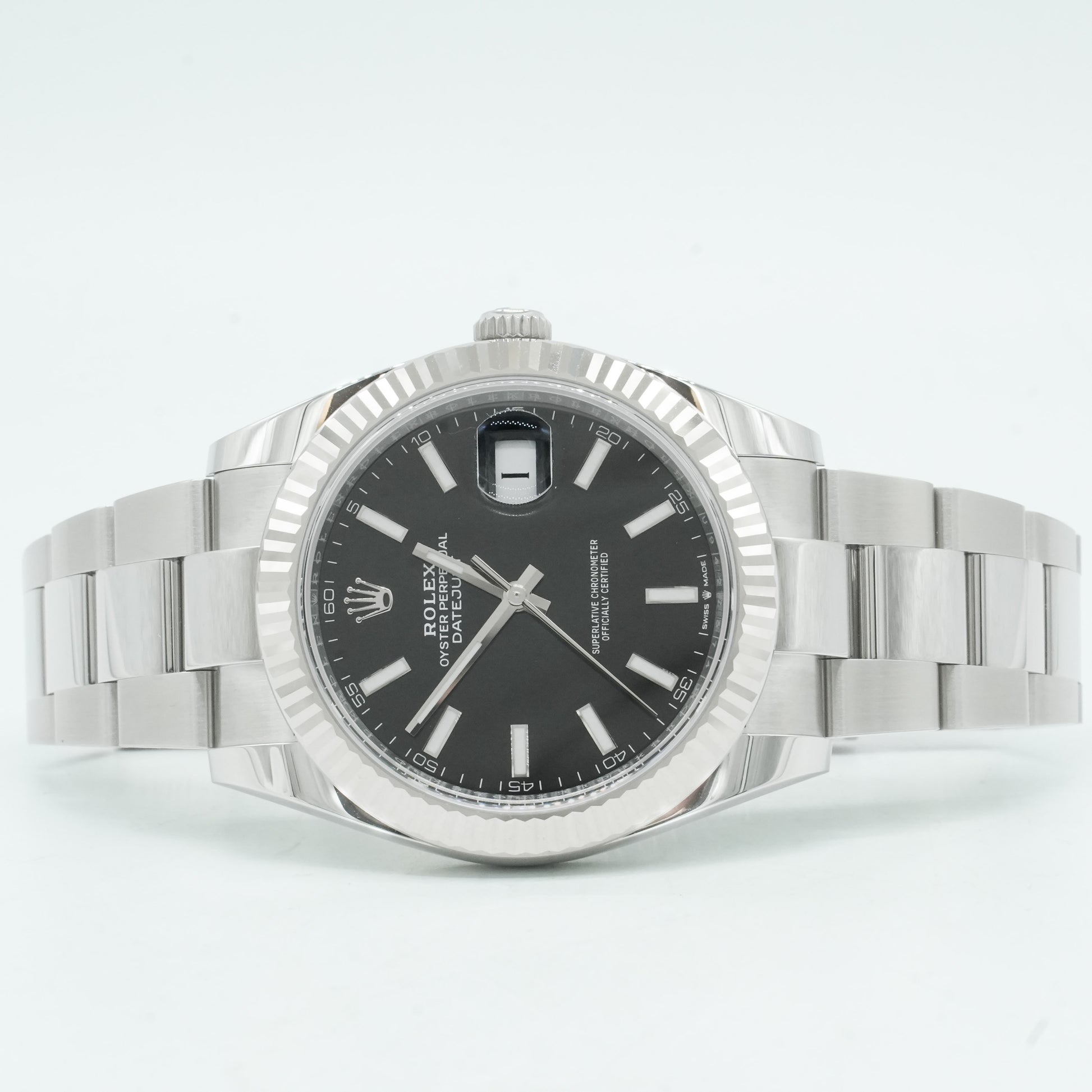 Rolex 41mm DateJust Steel Watch w/Black Dial & Fluted Bezel 116334