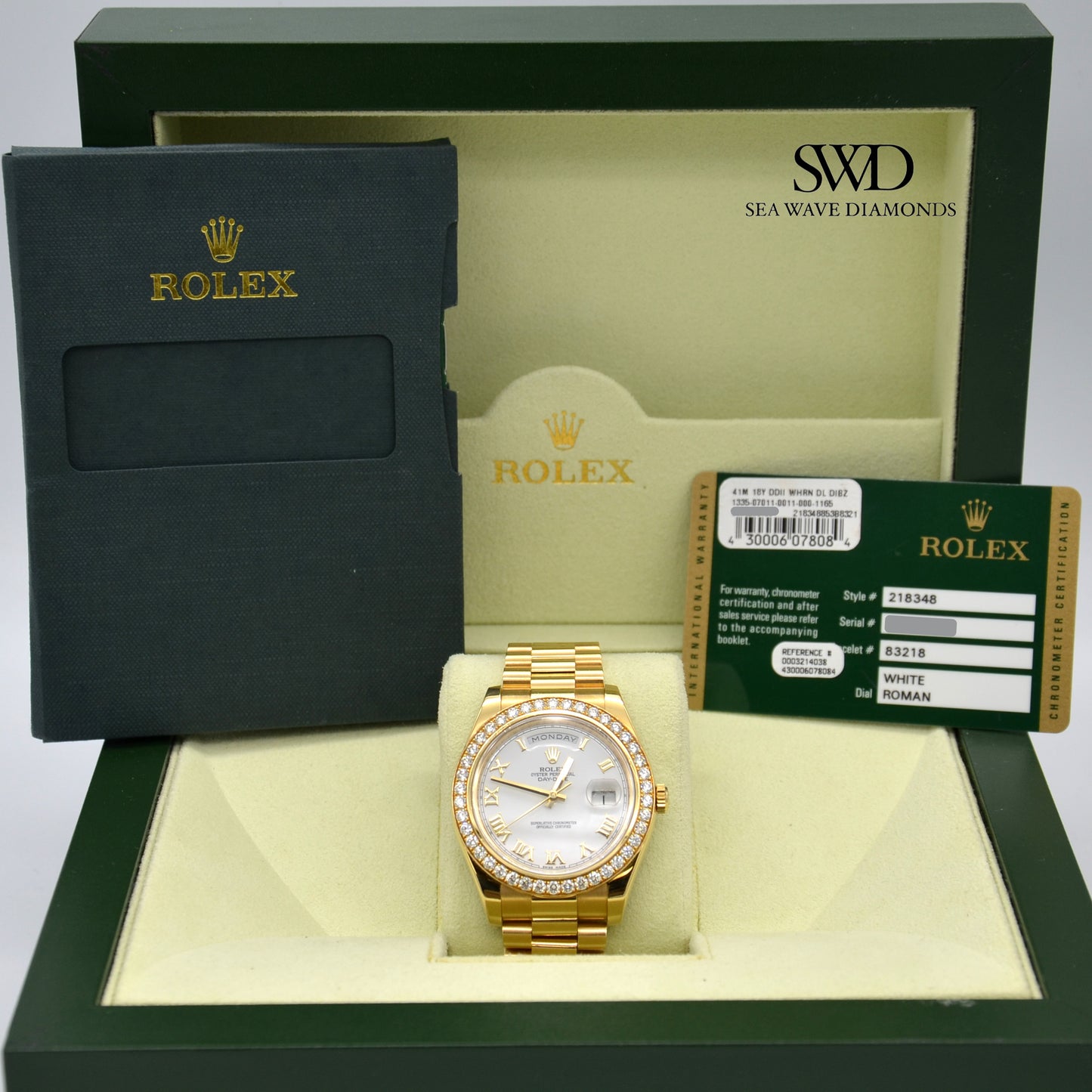 Rolex Day-Date II White Roman Dial Factory Diamond 41mm 218348