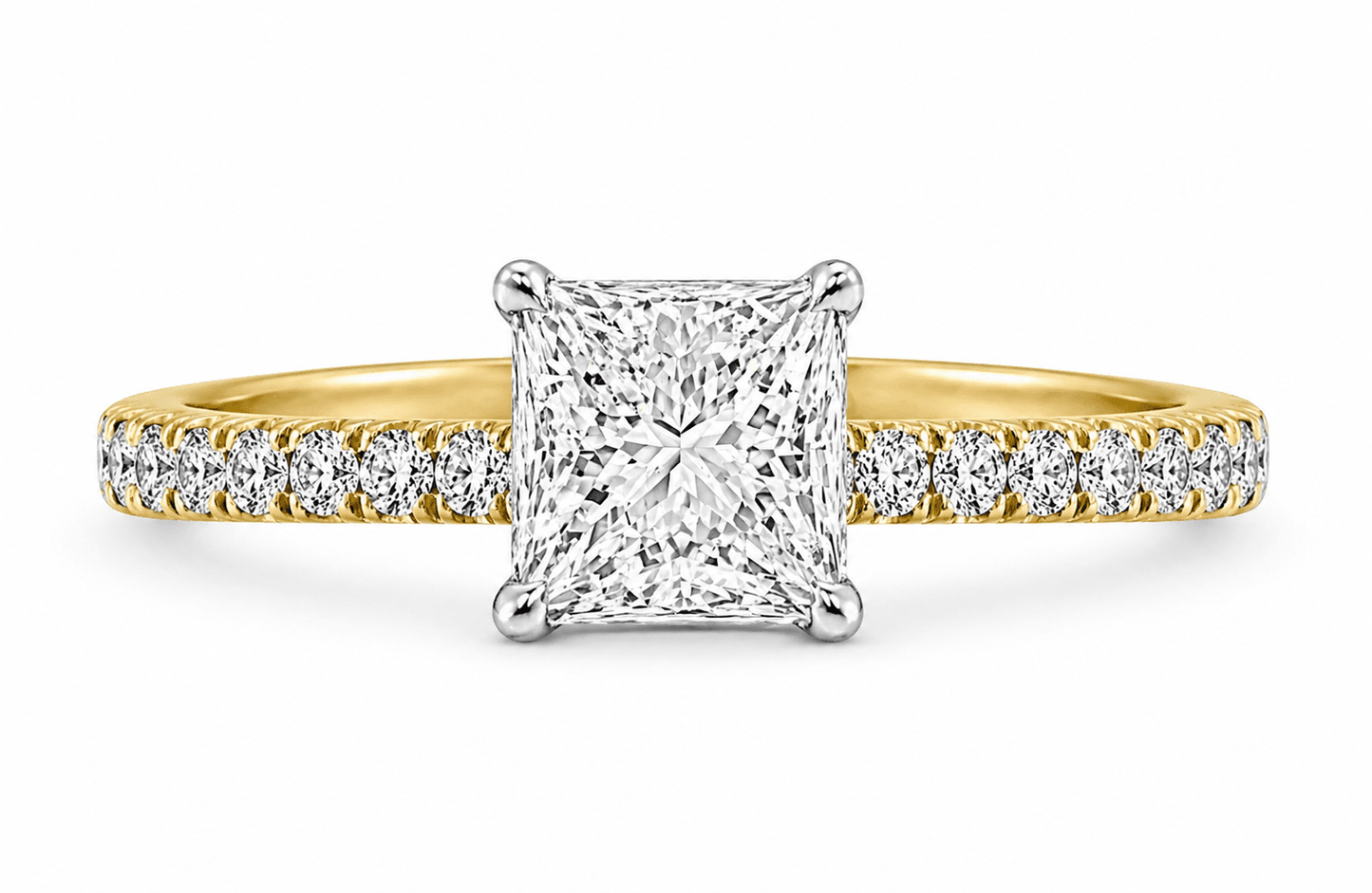 "ENGR03292" Two Tone Princess Cut 18K Yellow Gold and Platinum Ring