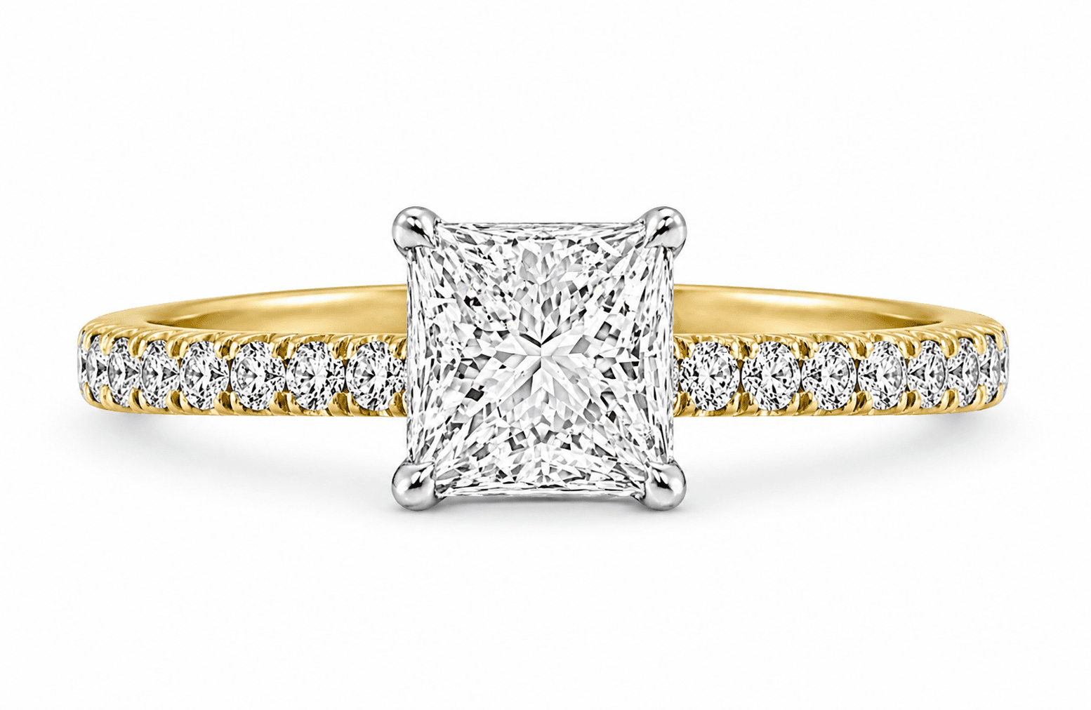 "ENGR03292" Two Tone Princess Cut 18K Yellow Gold and Platinum Ring