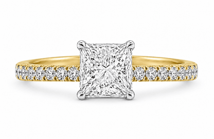 "ENGR03292" Two Tone Princess Cut 18K Yellow Gold and Platinum Ring