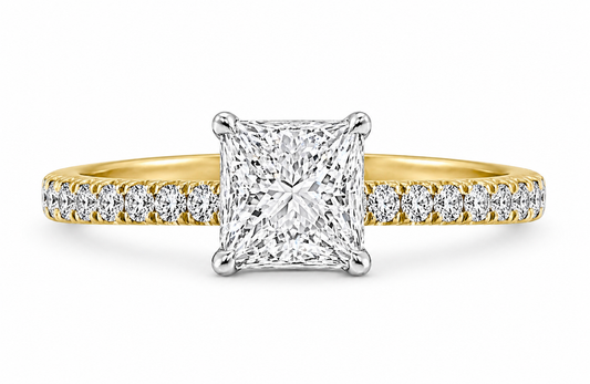 "ENGR03292" Two Tone Princess Cut 18K Yellow Gold and Platinum Ring