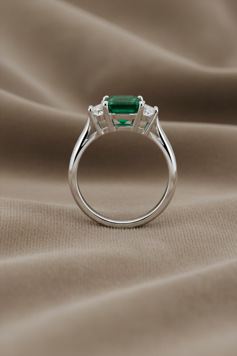 Natural Three Stone Emerald Cut-Emerald & Trillion Side Stones RINGS1122~ 1.53 carats