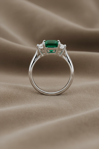 Natural Three Stone Emerald Cut-Emerald & Trillion Side Stones RINGS1122~ 1.53 carats