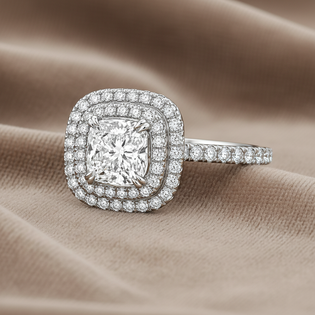 "ENGR03388" Cushion Shaped Diamond Double Halo Engagement Ring in White Gold