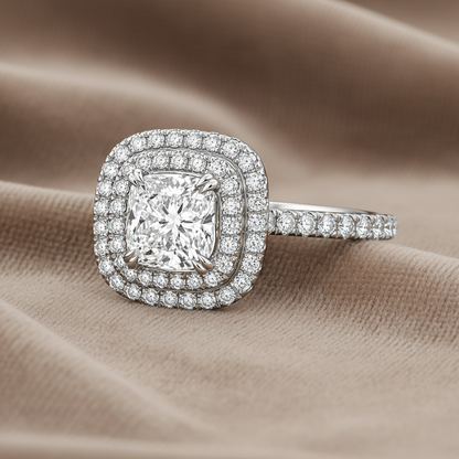 "ENGR03388" Cushion Shaped Diamond Double Halo Engagement Ring in White Gold