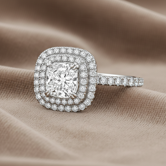 "ENGR03388" Cushion Shaped Diamond Double Halo Engagement Ring in White Gold