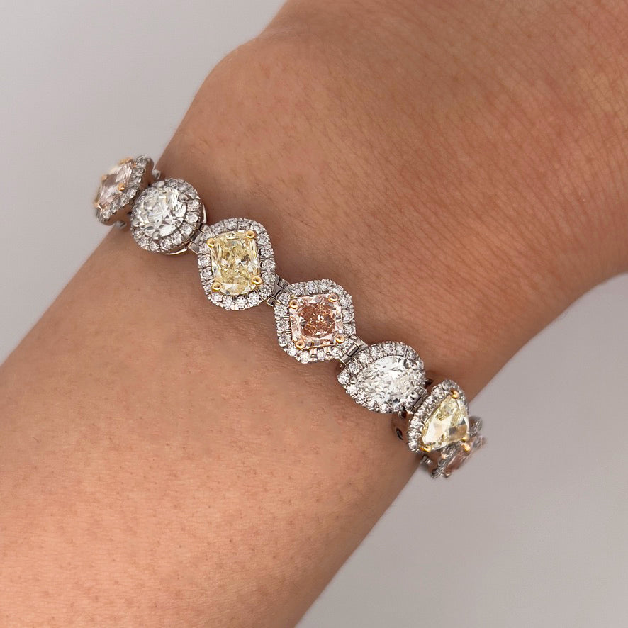 17.89CT Multi Shaped/Color Diamond Tennis Bracelet, GIA Certified Stones, set in 18K Gold