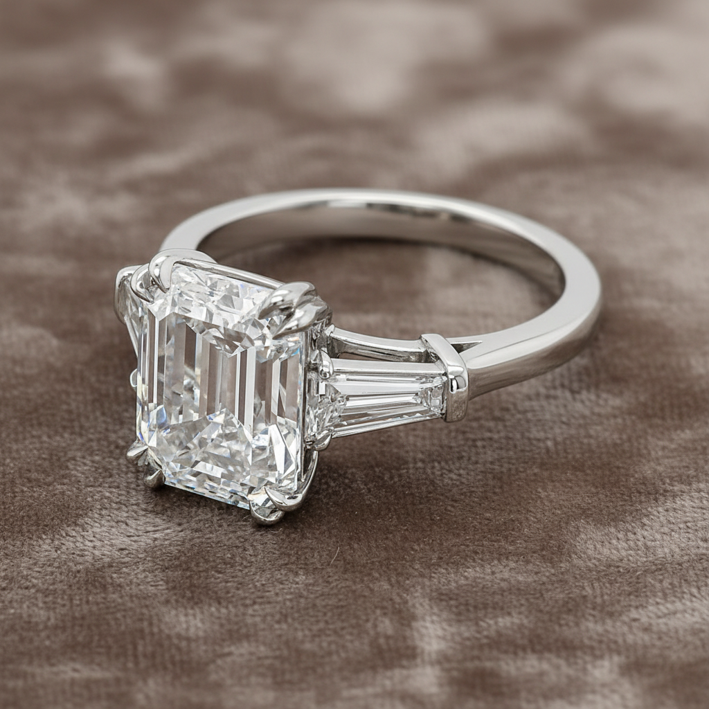 "ENGR03323" Emerald Cut GIA Diamond With Baguettes Three Stone Engagement Ring In Platinum