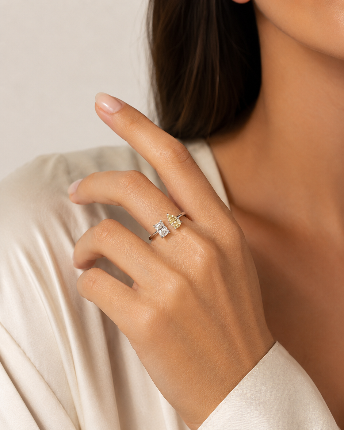 Lab Grown Diamond RING1080~ Toi et Moi, Radiant & Fancy Yellow Pear Cut
