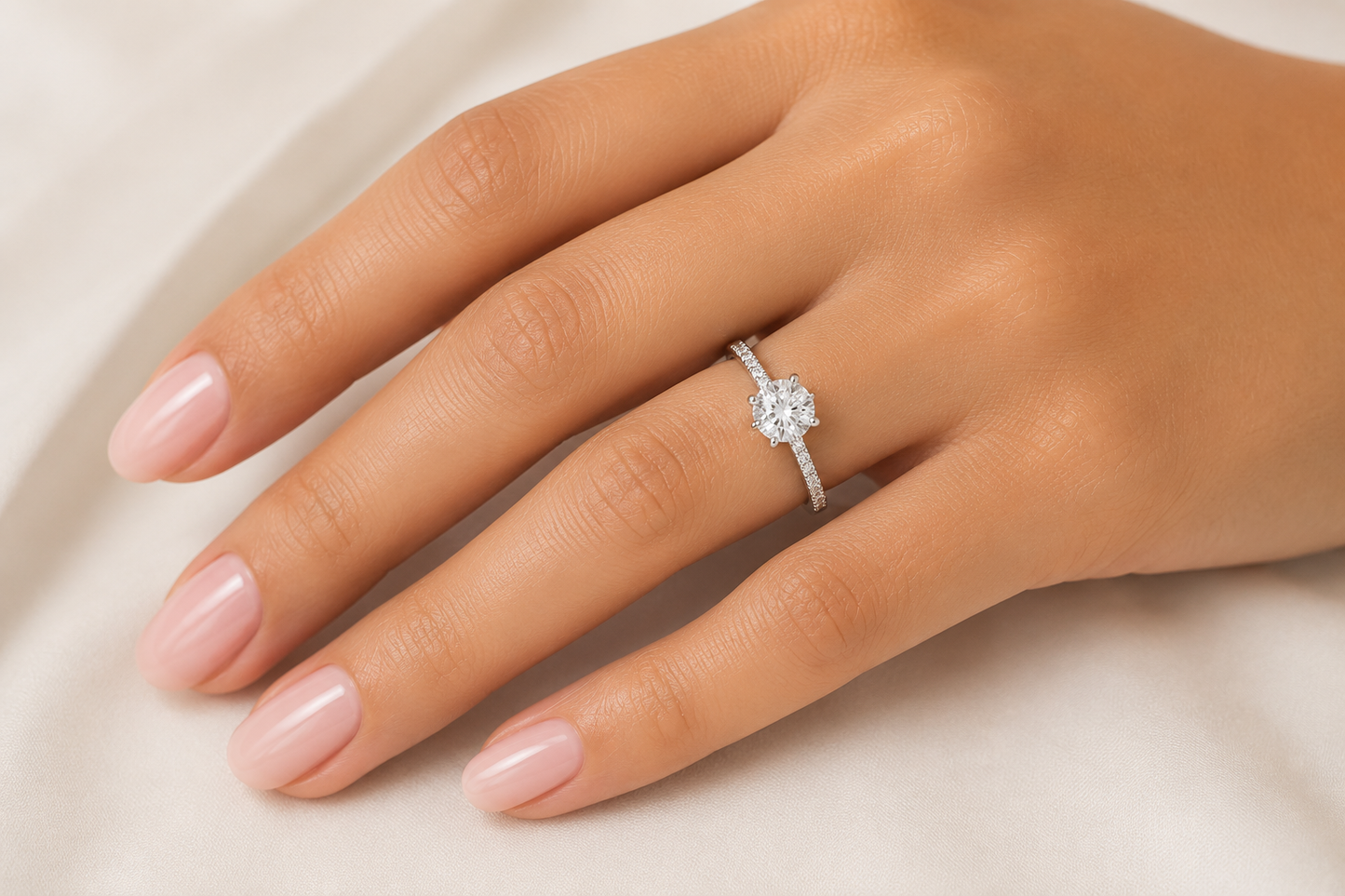 "ENGR03232" 0.73 Carat Round Diamond with Hidden Halo Pavé Style Engagement Ring in 18K White Gold