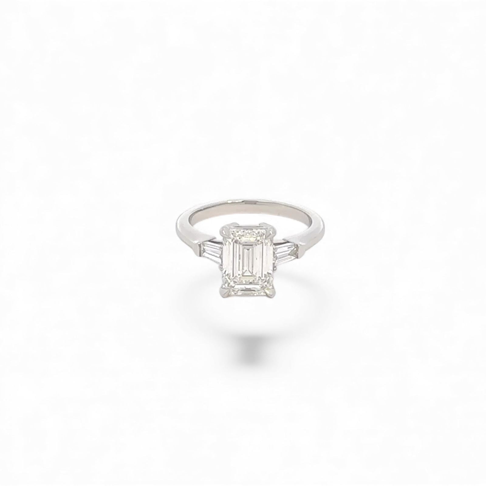 Lab Diamond~Emerald Cut Engagement Ring With Baguette Side Stone