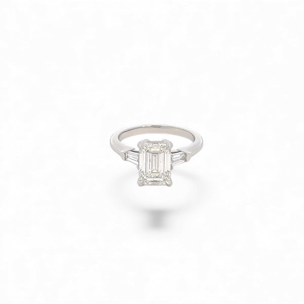 Lab Diamond~Emerald Cut Engagement Ring With Baguette Side Stone