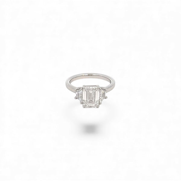 Lab Diamond~ Emerald Cut Engagment Ring With Trapezoid Side Stones