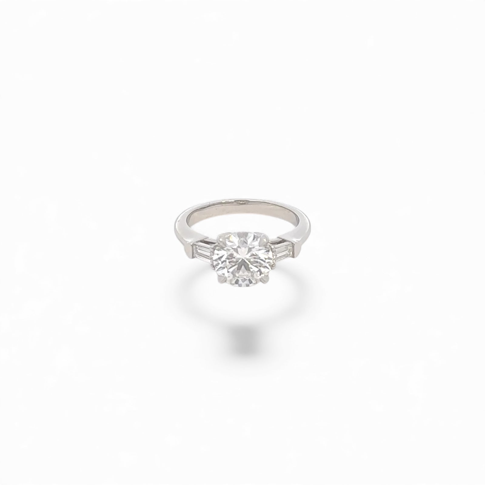 Lab Diamond~Round Brilliant Cut Engagement Ring with Baguette Side Stones