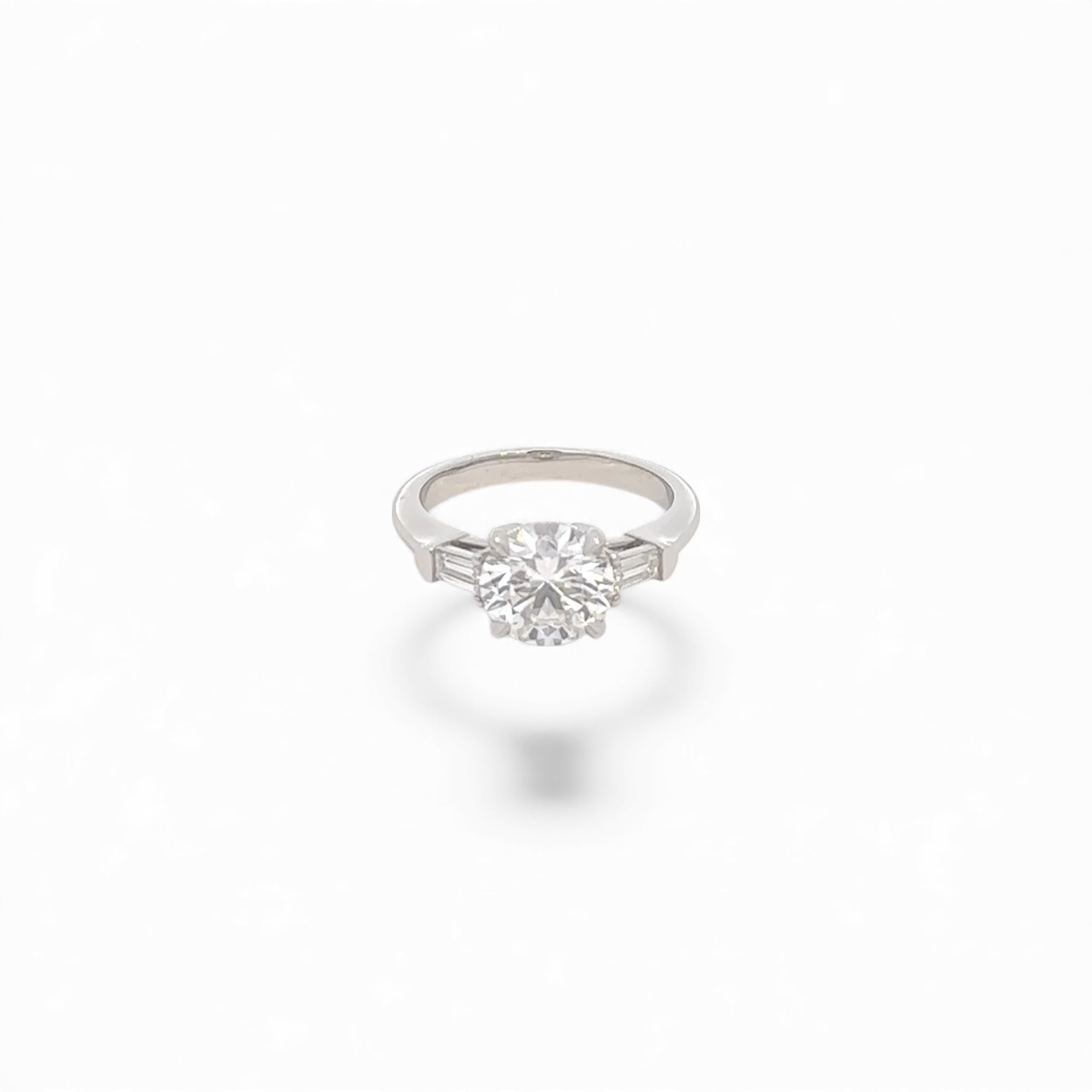 Lab Diamond~Round Brilliant Cut Engagement Ring with Baguette Side Stones