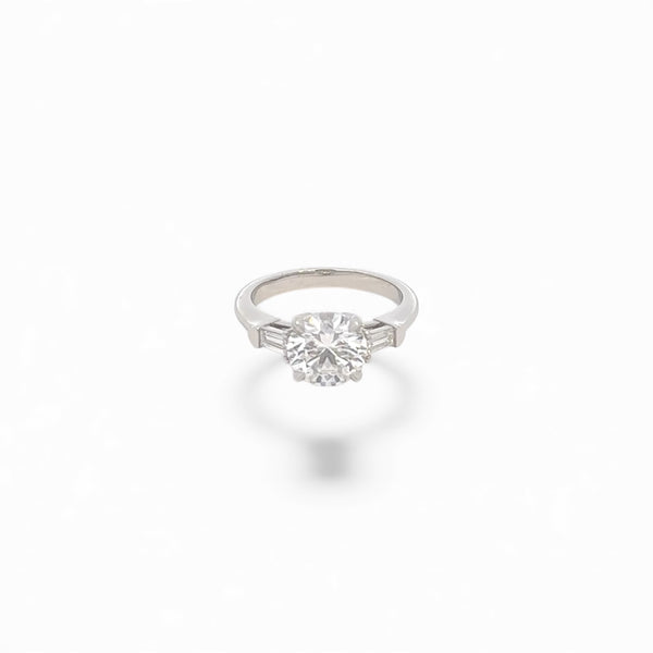 Lab Diamond~Round Brilliant Cut Engagement Ring with Baguette Side Stones