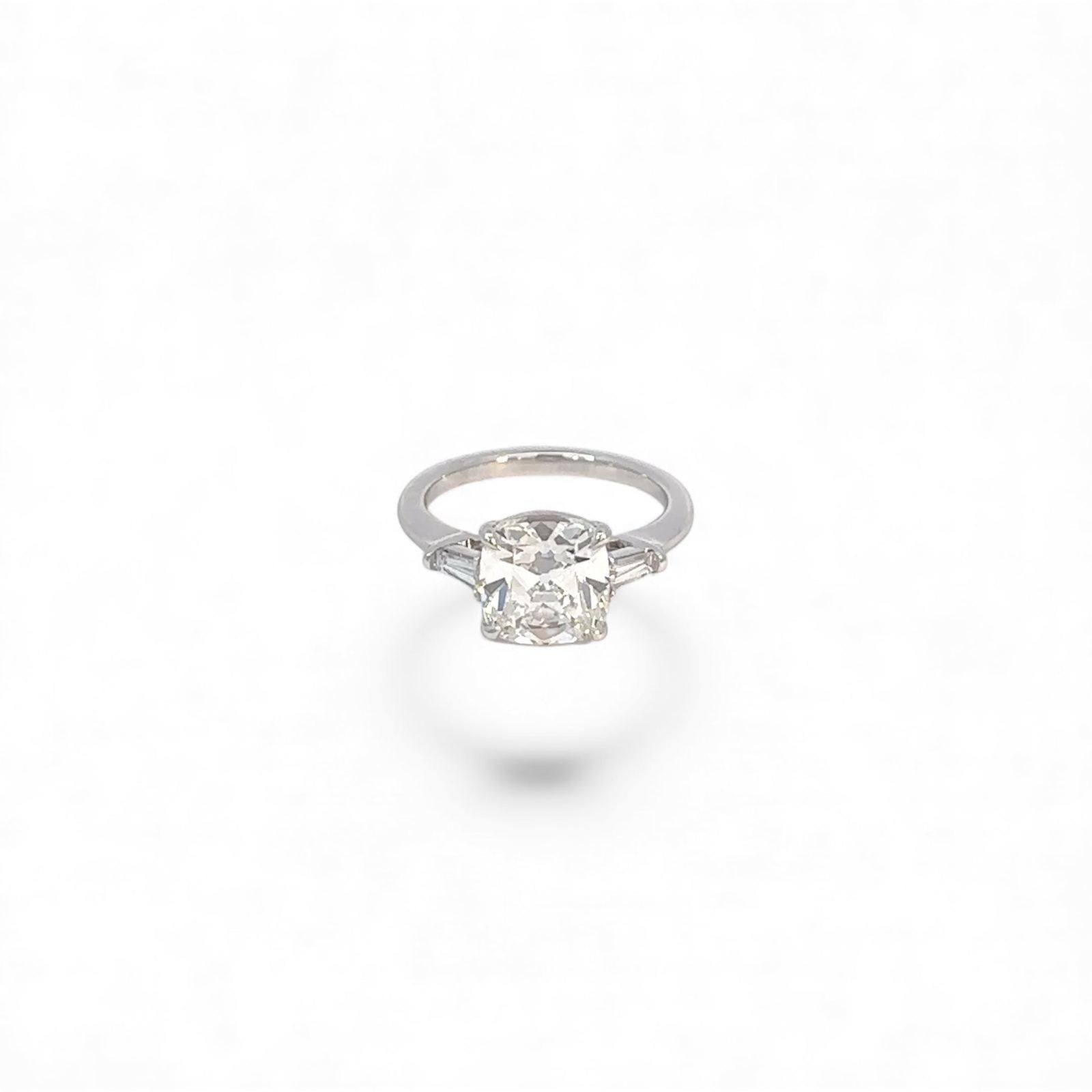 Lab Diamond~Cushion Cut engagement Ring With Baguette Side Stones