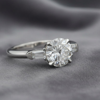 Lab Diamond~Round Brilliant Cut Engagement Ring with Baguette Side Stones