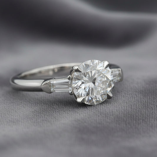 Lab Diamond~Round Brilliant Cut Engagement Ring with Baguette Side Stones