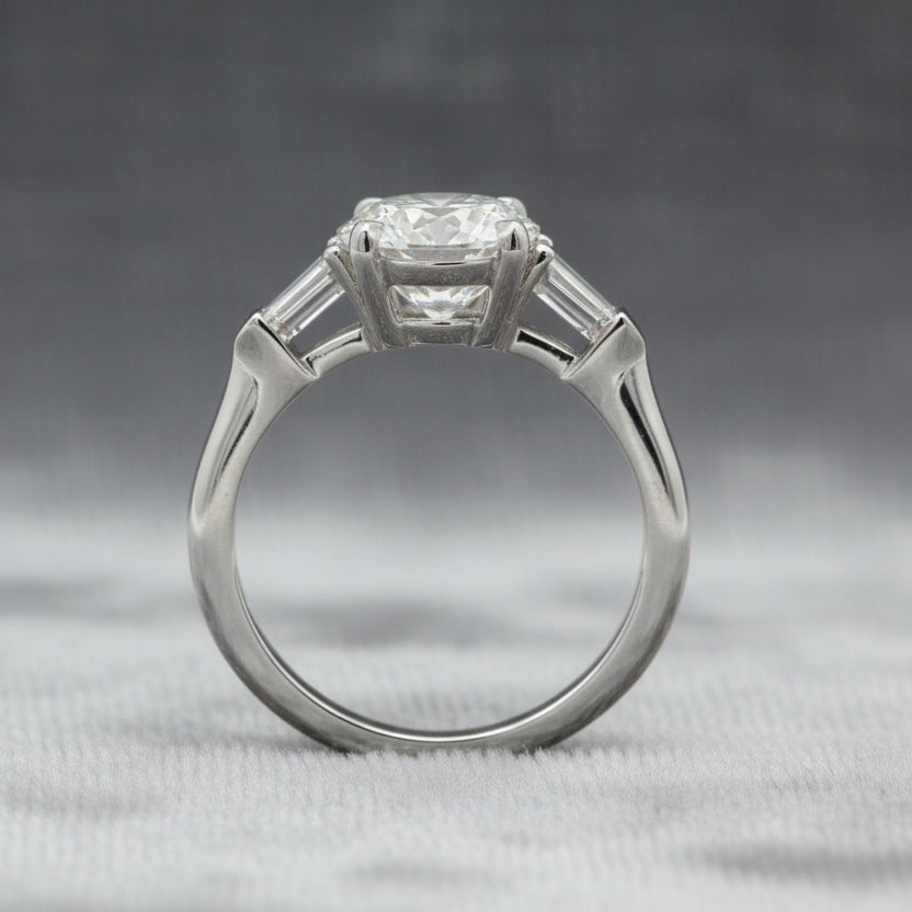Lab Diamond~Round Brilliant Cut Engagement Ring with Baguette Side Stones