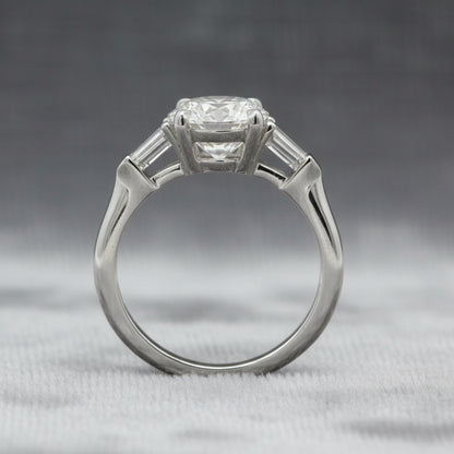Lab Diamond~Round Brilliant Cut Engagement Ring with Baguette Side Stones