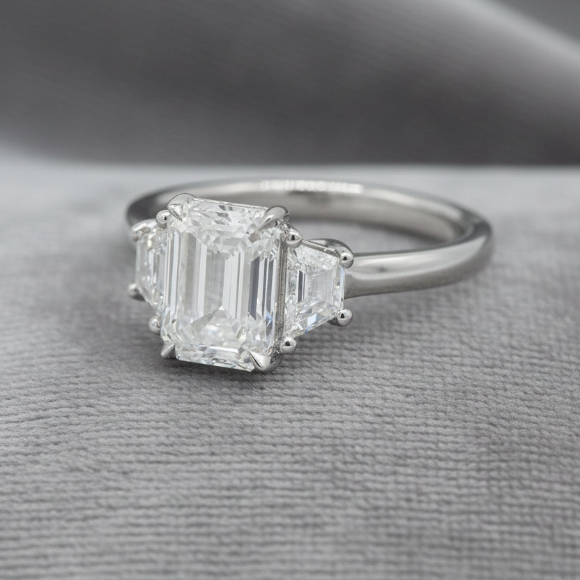 Lab Diamond~ Emerald Cut Engagment Ring With Trapezoid Side Stones