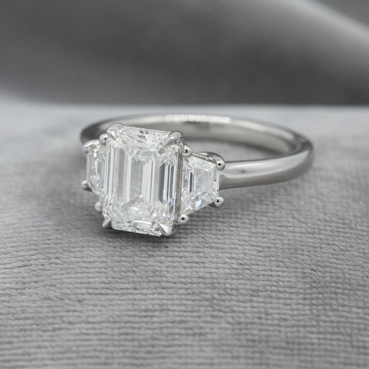 Lab Diamond~ Emerald Cut Engagment Ring With Trapezoid Side Stones