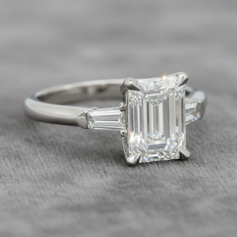 Lab Diamond~Emerald Cut Engagement Ring With Baguette Side Stone