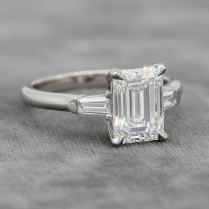 Lab Diamond~Emerald Cut Engagement Ring With Baguette Side Stone