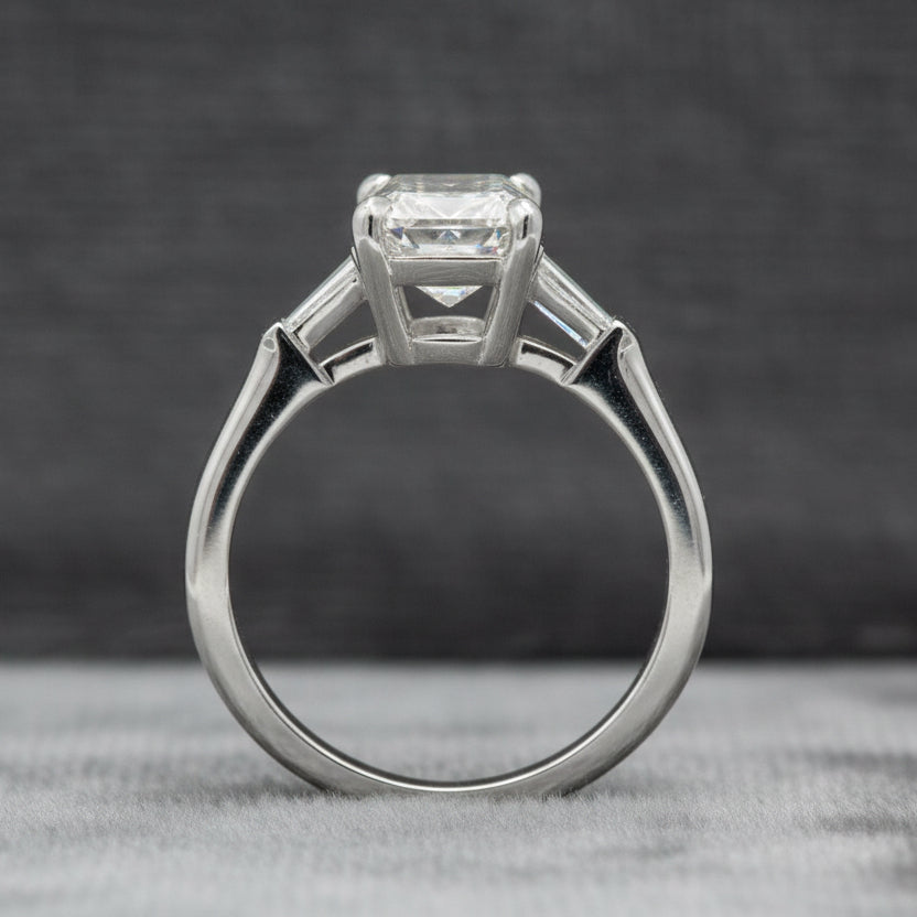 Lab Diamond~Emerald Cut Engagement Ring With Baguette Side Stone