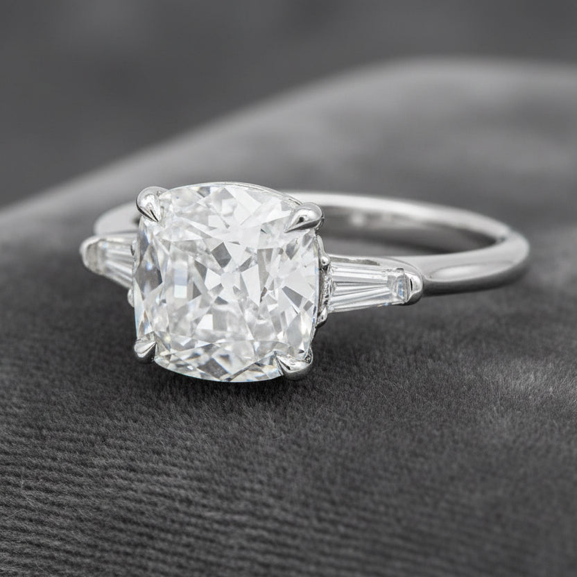Lab Diamond~Cushion Cut engagement Ring With Baguette Side Stones