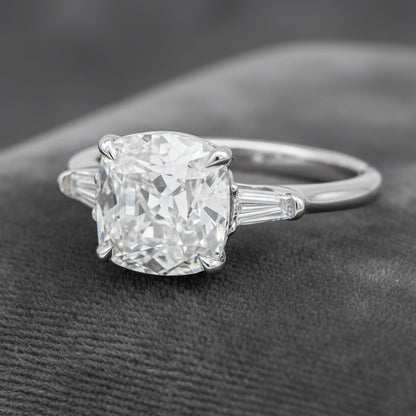 Lab Diamond~Cushion Cut engagement Ring With Baguette Side Stones