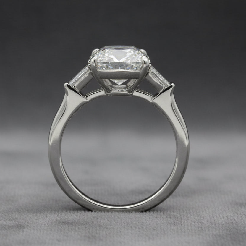 Lab Diamond~Cushion Cut engagement Ring With Baguette Side Stones