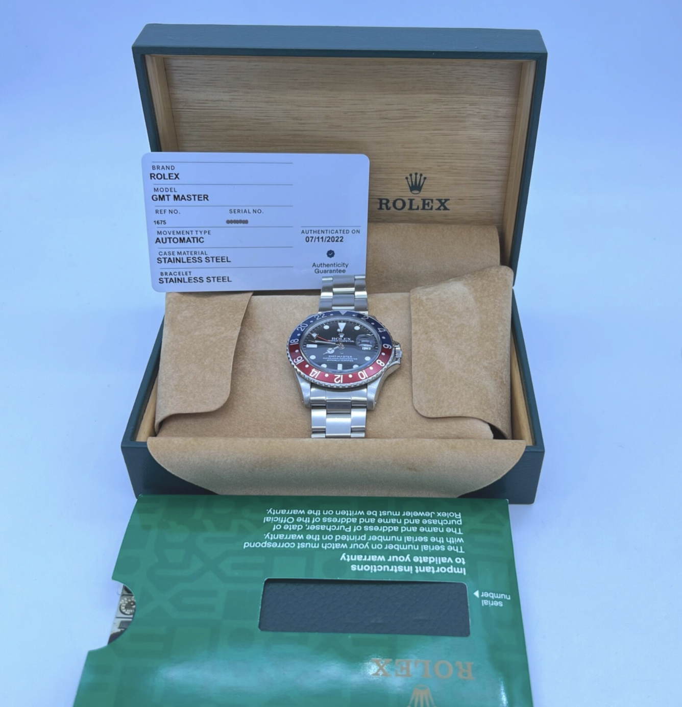 Rolex GMT-Master Pepsi 40mm Men's Automatic Watch 1675 Ebay Authentication Card